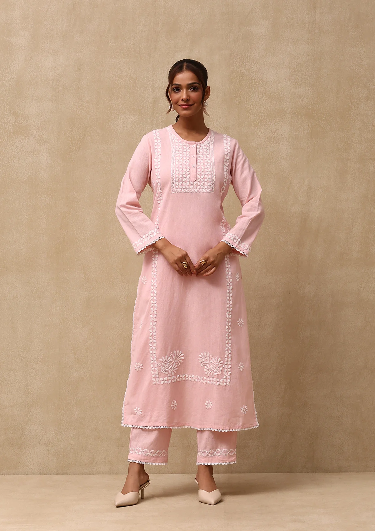 HOC Cotton Linen Blend Chikankari Solid Women's 2PC Long Kurta Set - Peach - Healthber