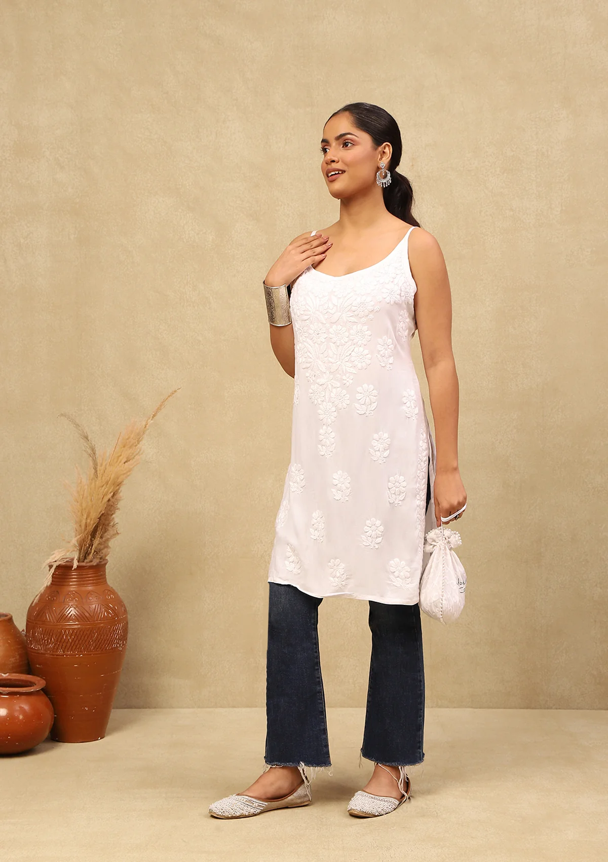 HOC Rayon Chikankari Solid Women's Short Kurta  C White - Healthber