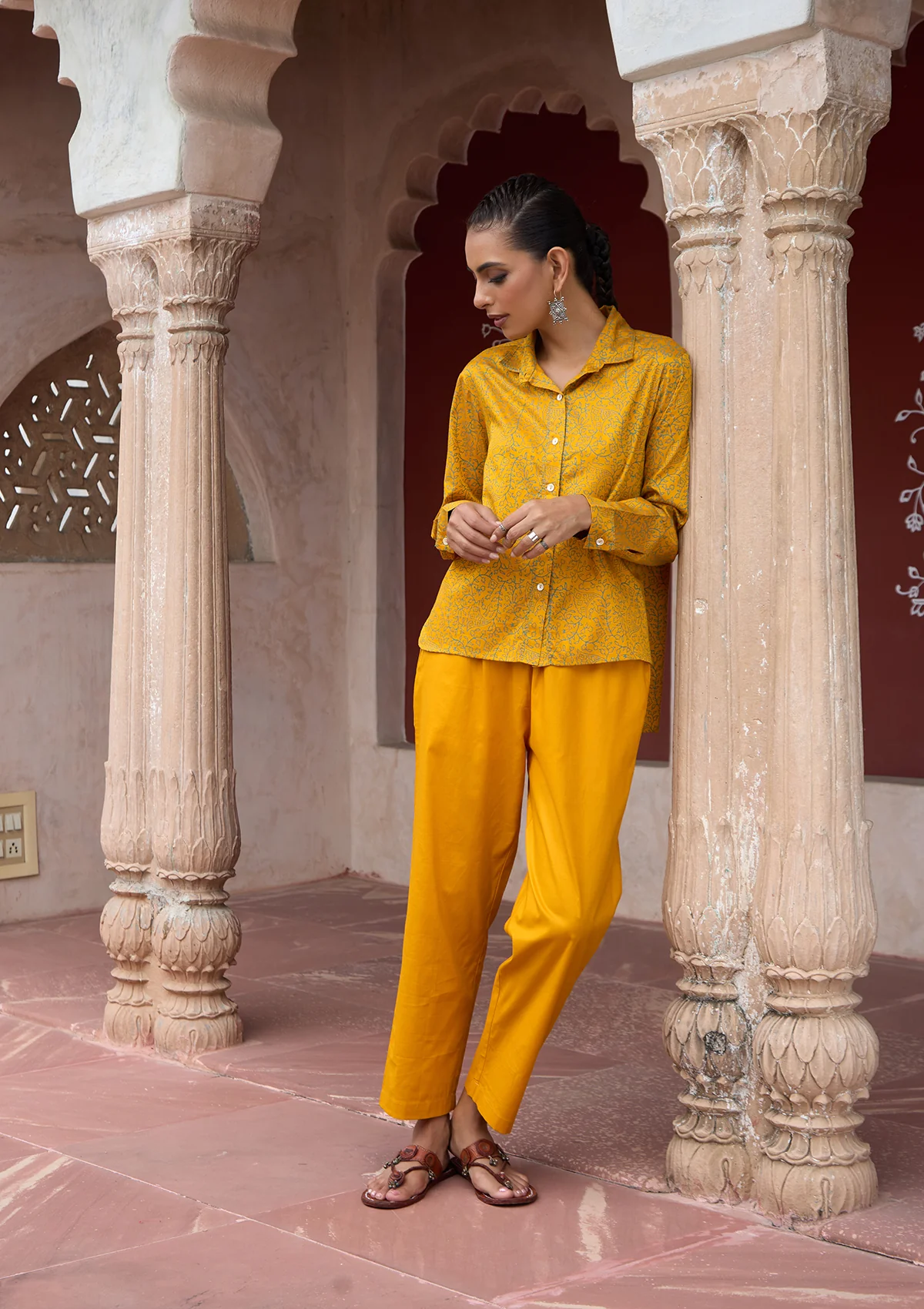 HOC Glazed Cotton Hand Block Printed with Hand Embroidery Women's 2 PC Co-ord Set - Mustard - Healthber