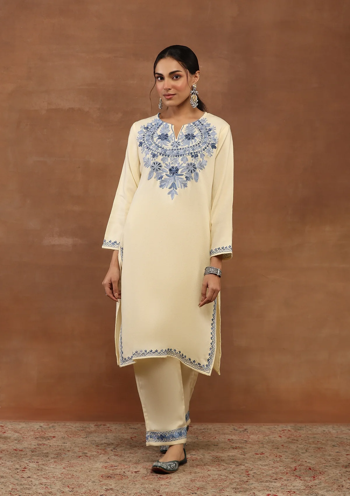 HOC Kashmiri Wool Aari Embroidered Solid Women's 2 PC Kurta Set-Off White - Healthber