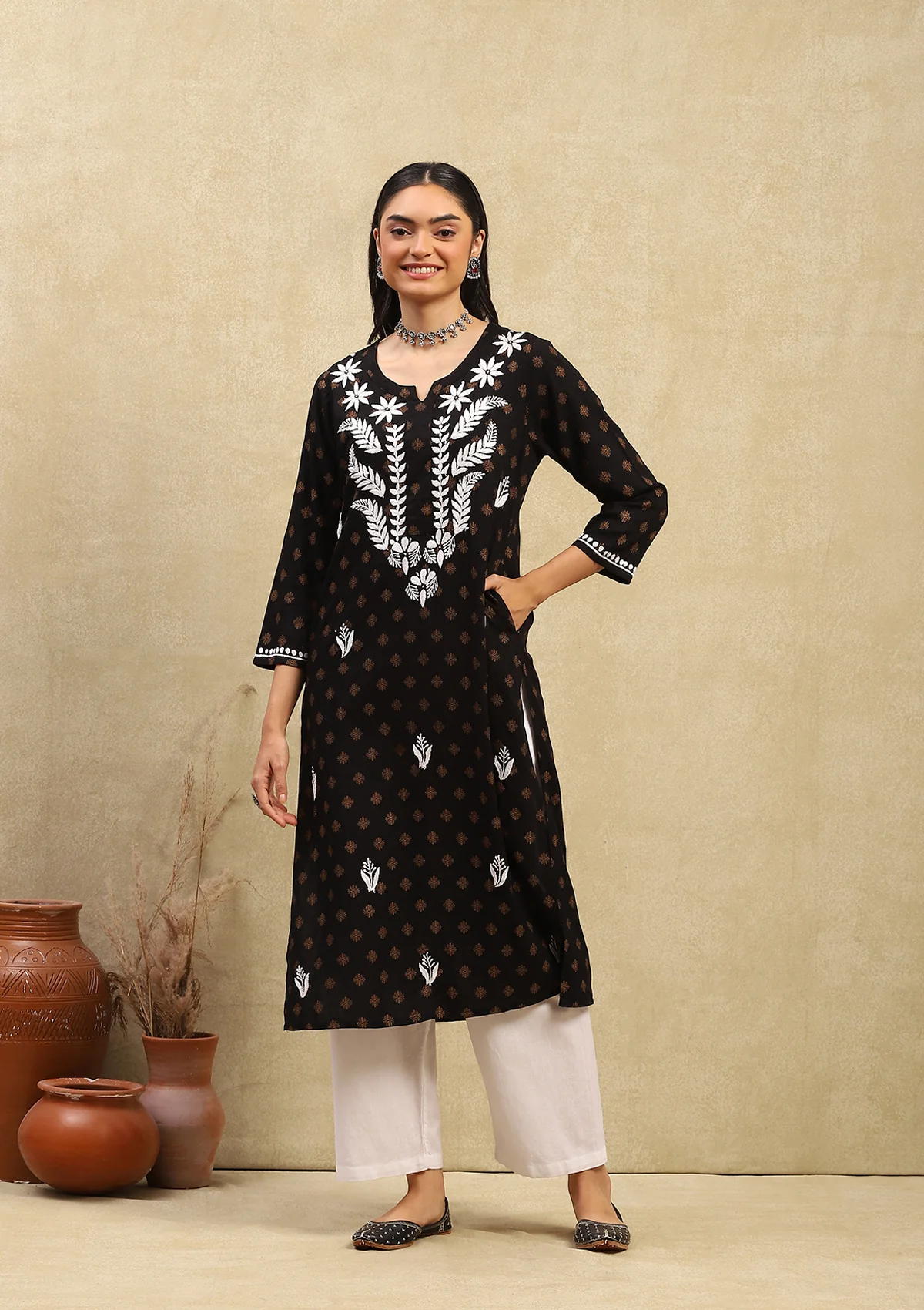HOC Rayon Chikankari Printed Women's Long Kurta - Black - Healthber