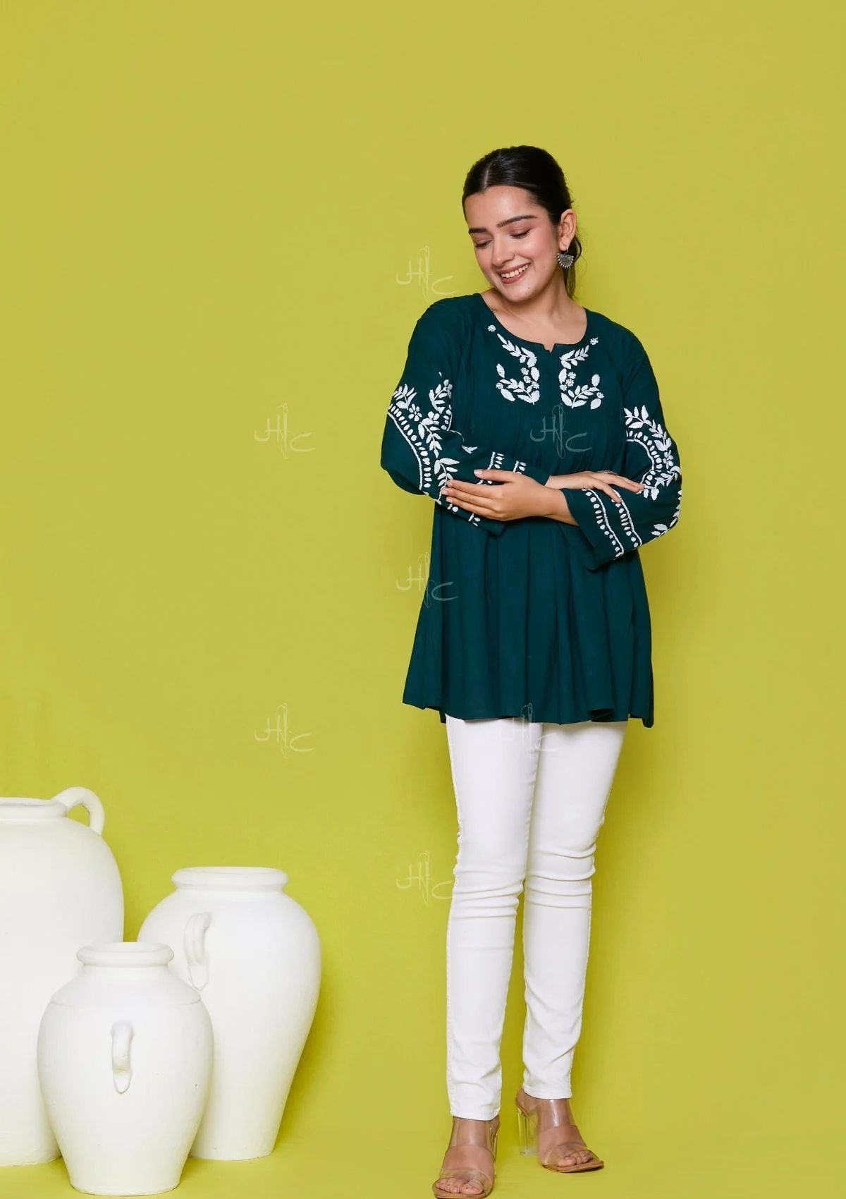 Rayon Chikankari Solid Women's Short Kurta - Green - Healthber