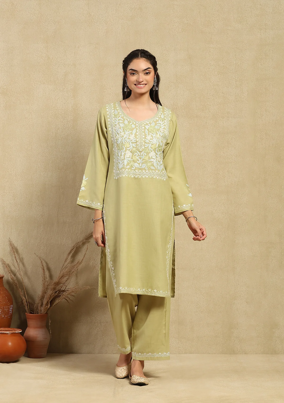 HOC Cotton Aari Embroidered Solid Women's 2 PC Long  Kurta Set - Green - Healthber