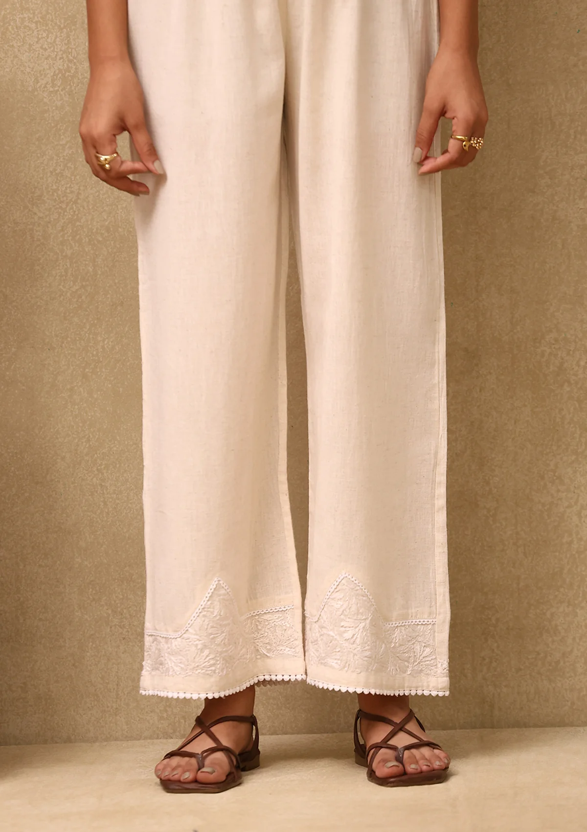 HOC Cotton Linen Blend Chikankari Solid Women's Palazzo - Off White - Healthber