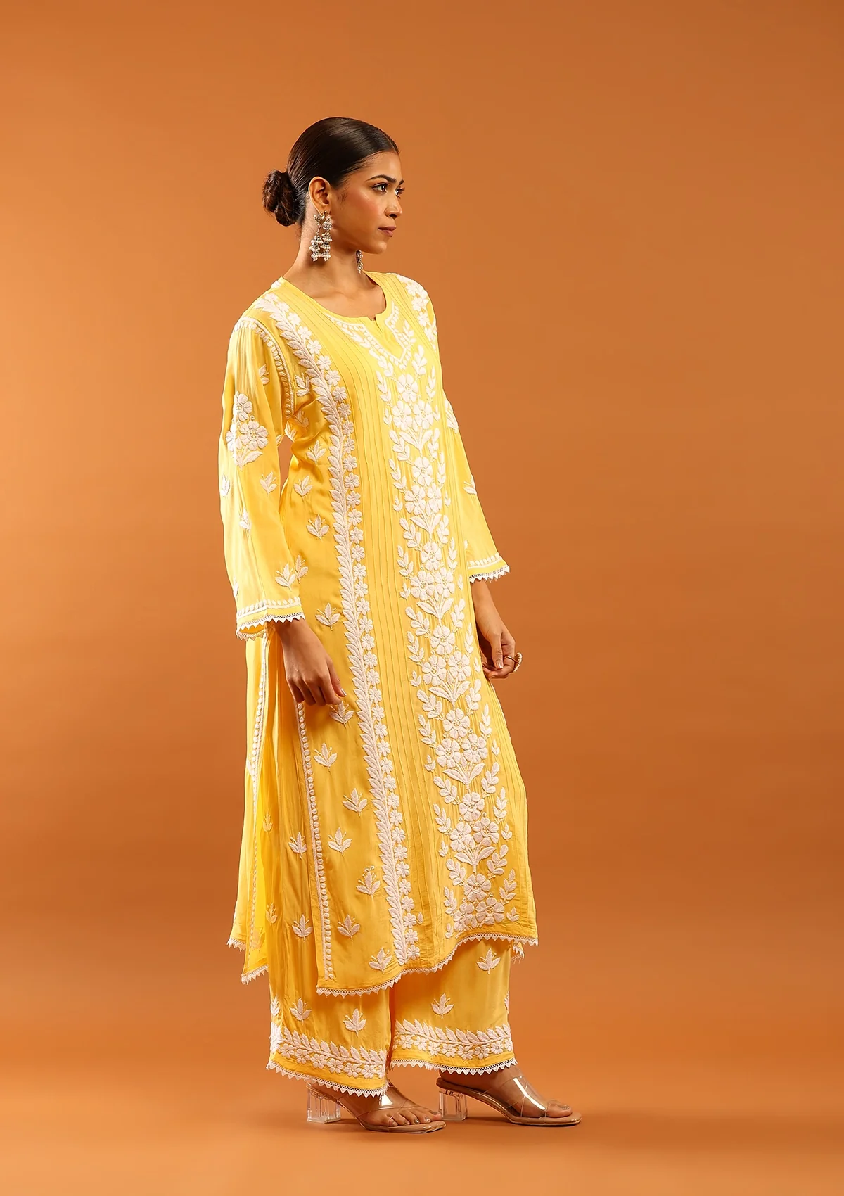 HOC Modal Chikankari Solid Women's 2 PC Long Kurta Set With Lace -Yellow - Healthber