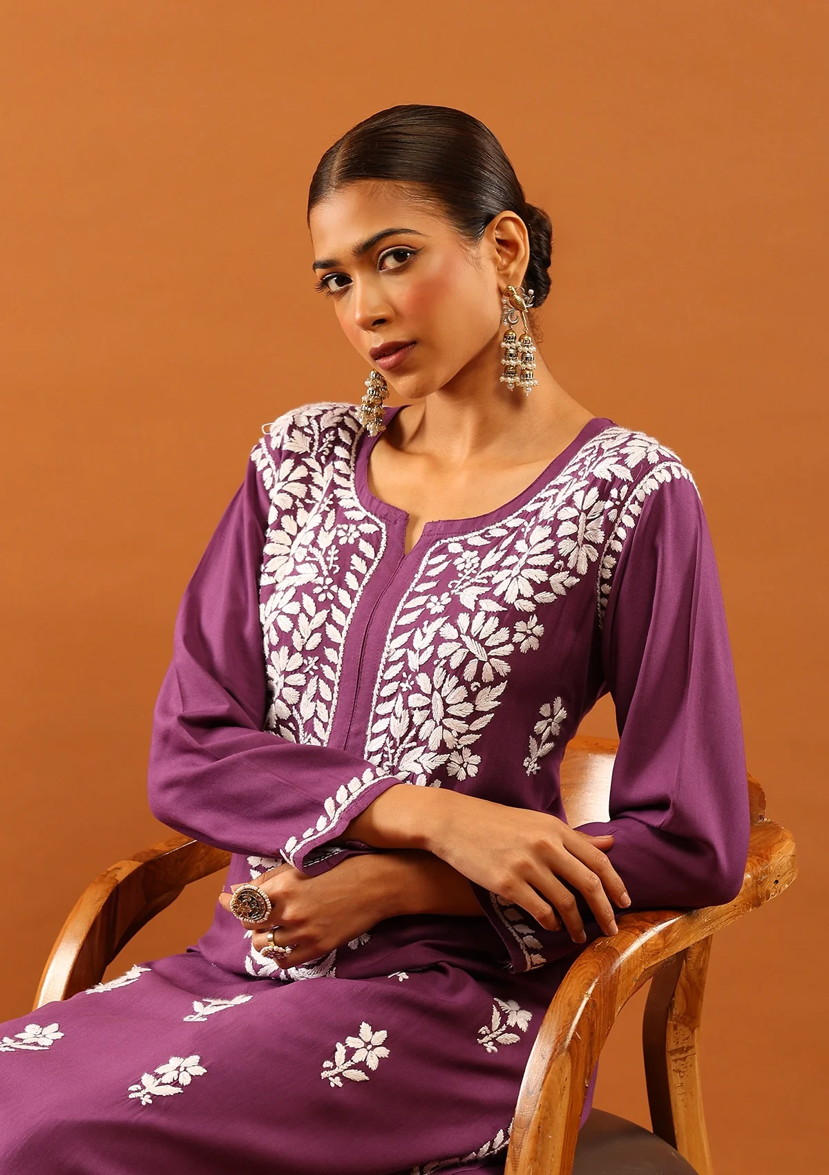 HOC Rayon Chikankari Solid Women's Long Kurta -Dark Purple - Healthber