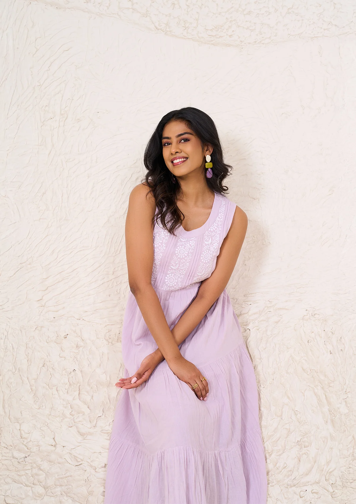 HOC Cotton Gauze Chikankari Solid Women's Long Dress - Lavender - Healthber