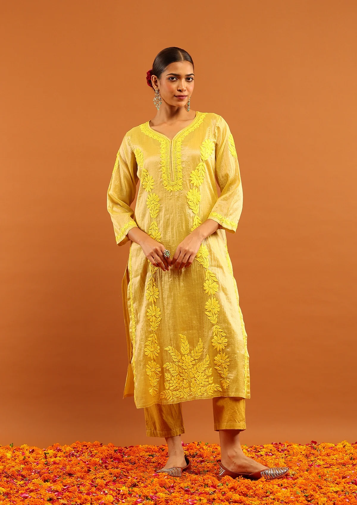 HOC Tissue Silk Chikankari Solid Women's Long Kurta With Inner-Yellow - Healthber