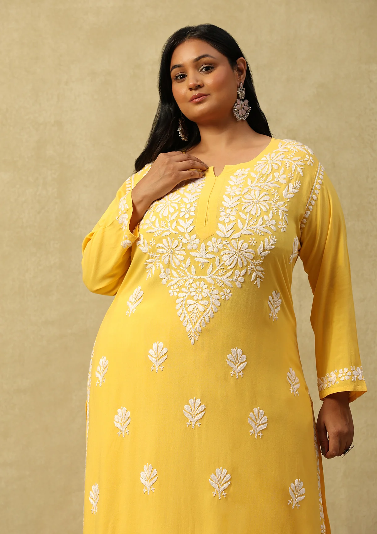 HOC Rayon Chikankari Solid Women's 2 PC Long Kurta Set-Yellow - Healthber