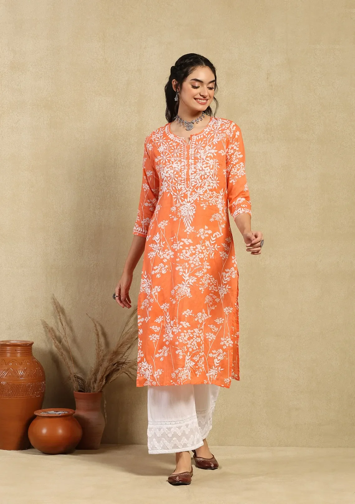 HOC Zainab Chikankari Mulmul Printed Straight Kurta -Orange - Healthber