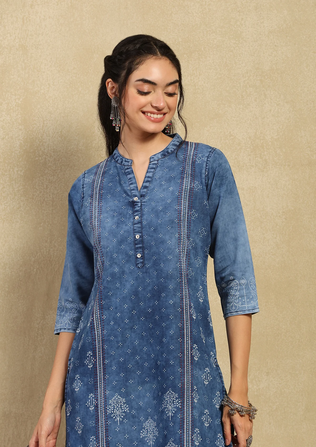 HOC Kantha Denim Printed Women's Kurta - Blue - Healthber