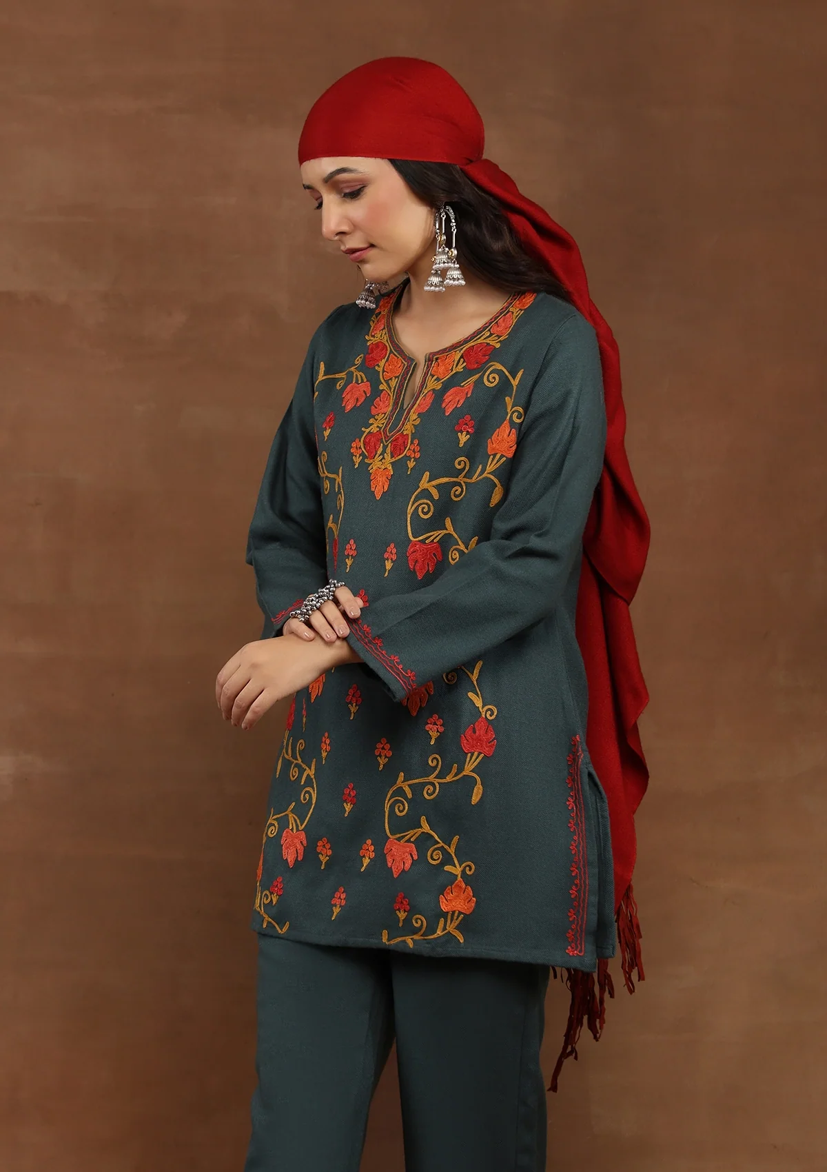 HOC Kashmiri Wool Aari Embroidered Solid Women's Short Kurta- Grey - Healthber