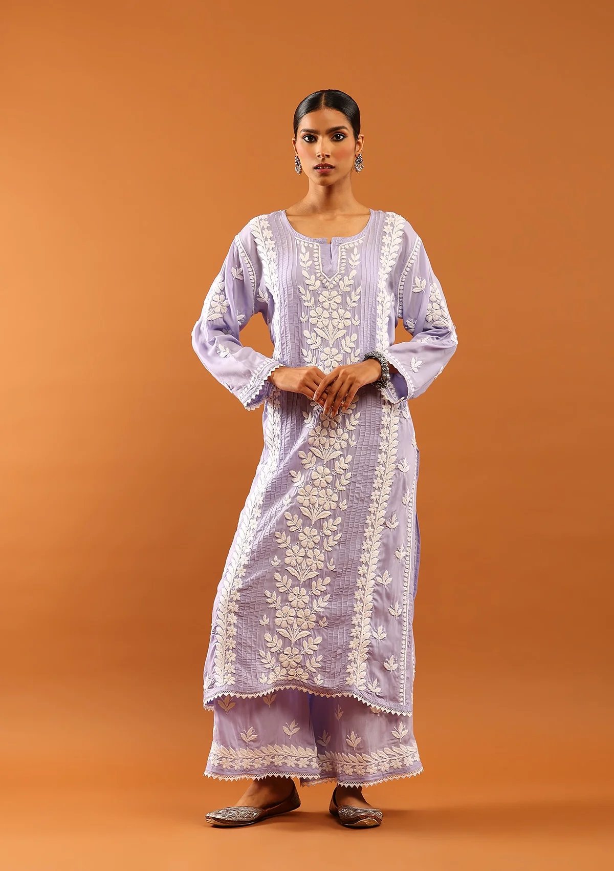 HOC Modal Chikankari Solid Women's 2 PC Long Kurta Set with Lace -Lavender - Healthber