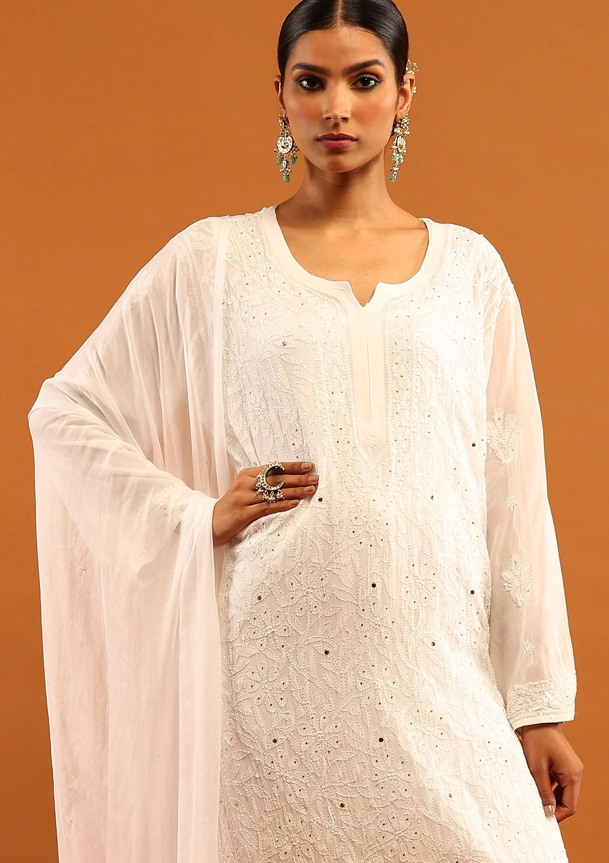 HOC Viscose Georgette Chikankari Mukaish & Kamdani Solid Women's 4 PC Long Kurta Set-White - Healthber