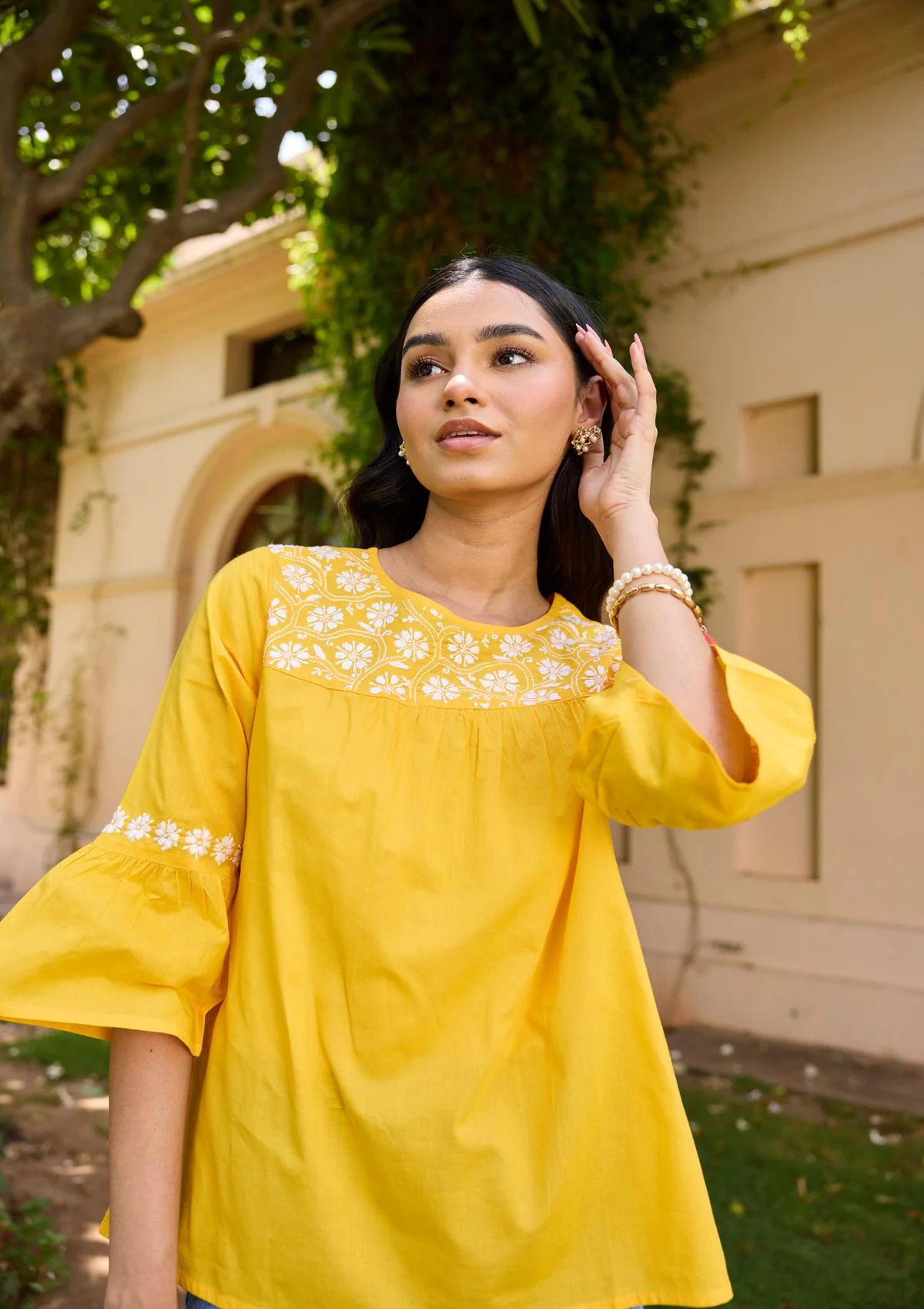 HOC Cotton Chikankari Solid Women's Top - Yellow - Healthber