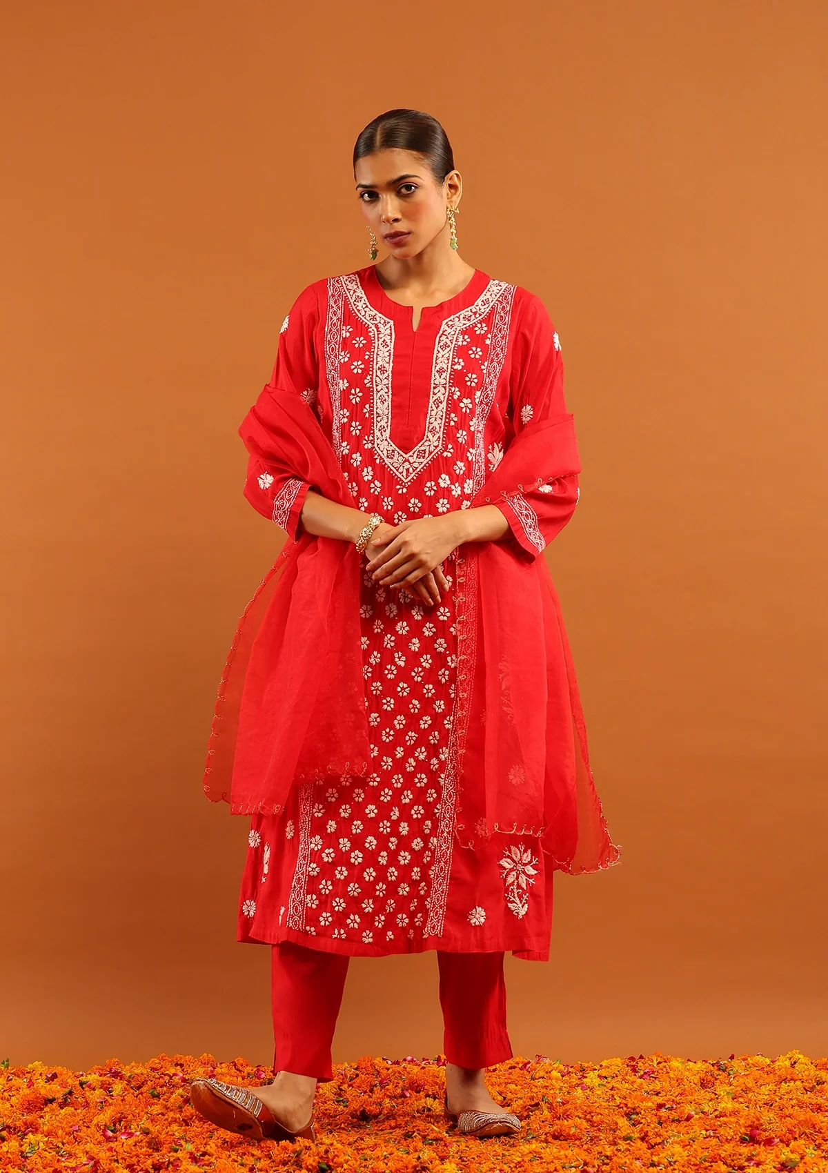HOC Chanderi Chikankari Solid Women's 3 PC Long Kurta Set-Red - Healthber