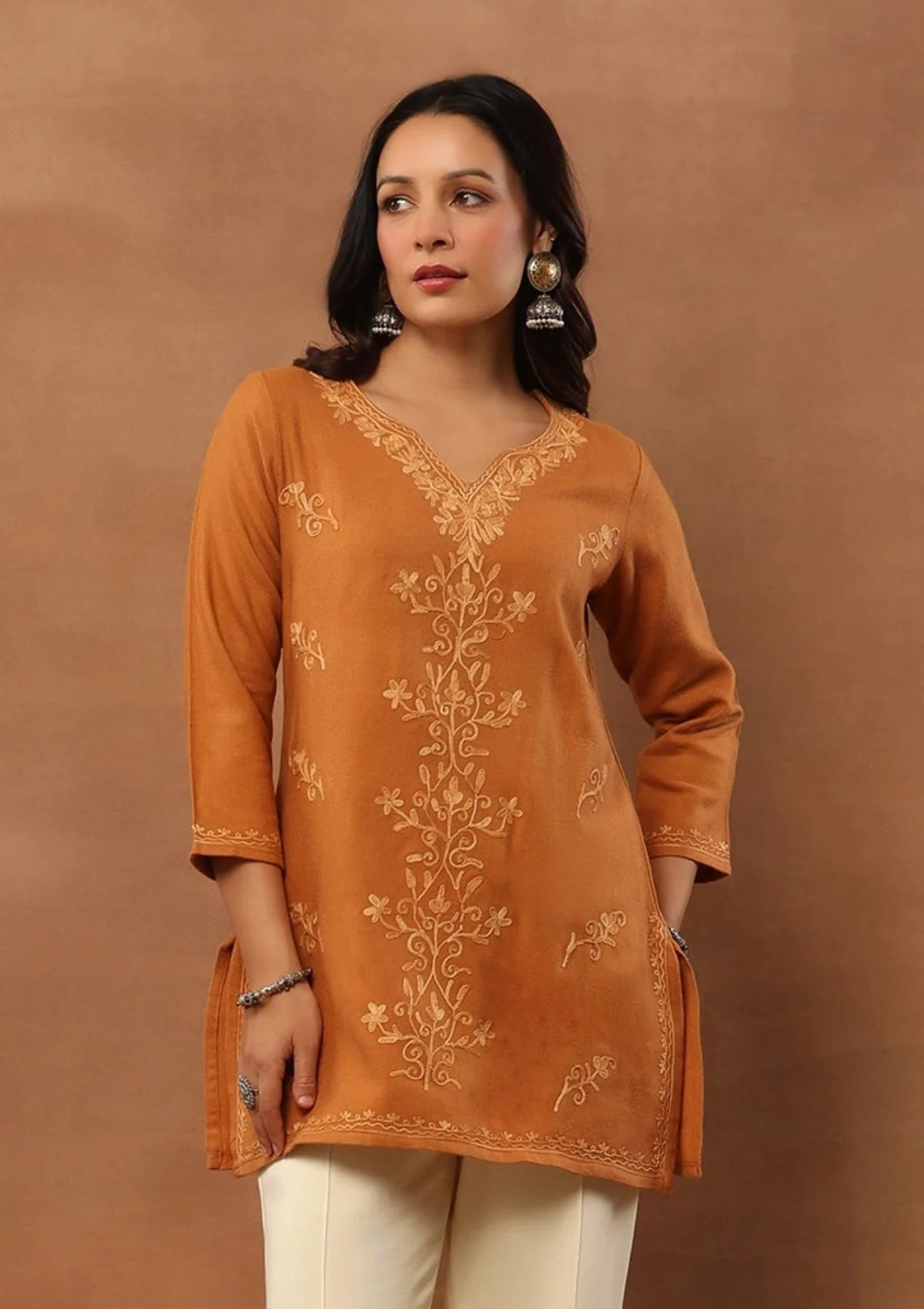 HOC Aari Embroidered Woollen Solid Women's Short Kurta - Rust - Healthber
