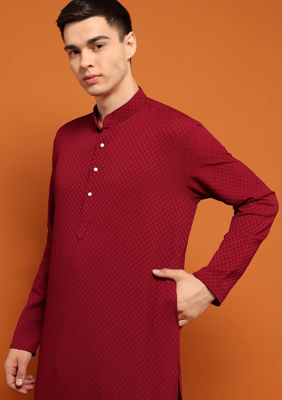 HOC Dobby Textured Solid Men's Long Kurta - Maroon - Healthber