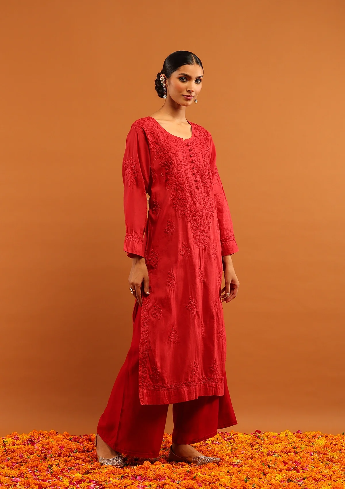 HOC Cotton Chikankari Solid Women's Long Kurta- Maroon - Healthber