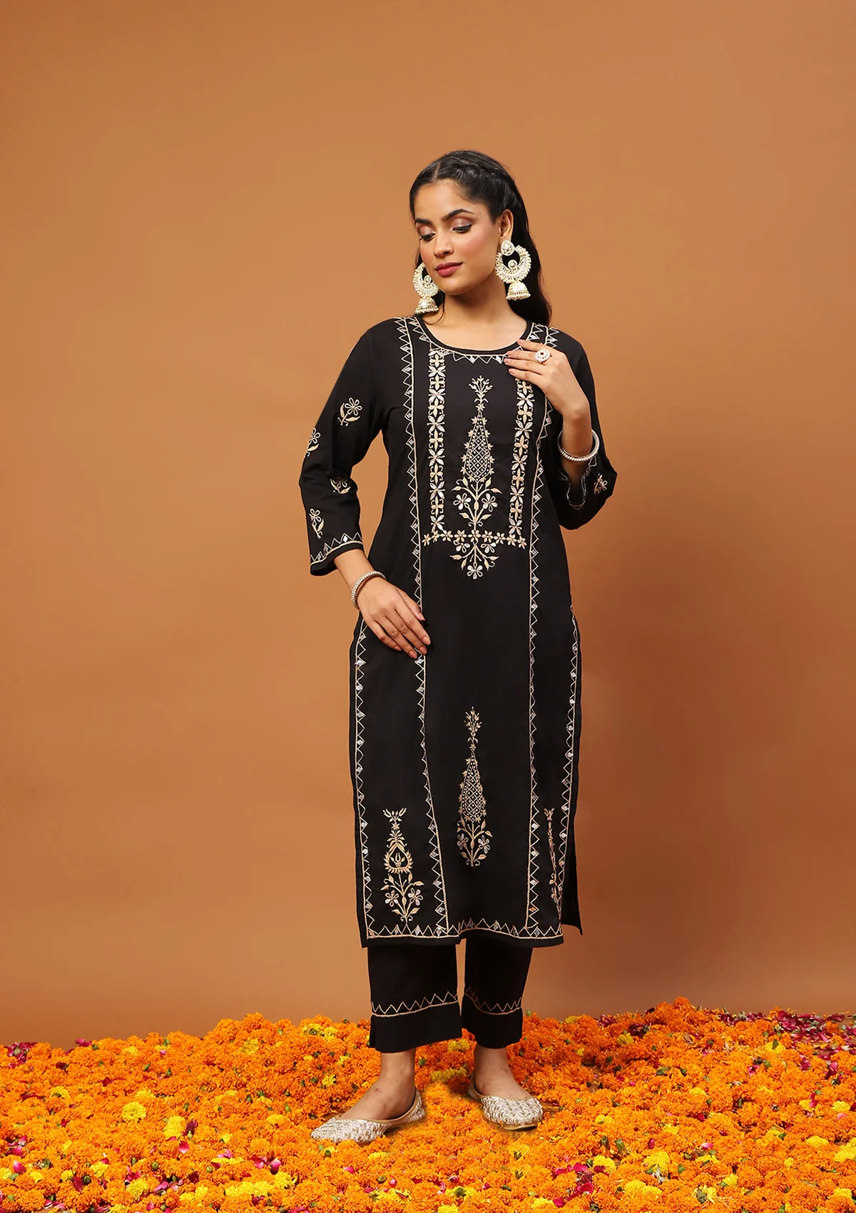 HOC Cotton Chikankari Gota Work Solid Women's 2PC Long Kurta Set -Black - Healthber