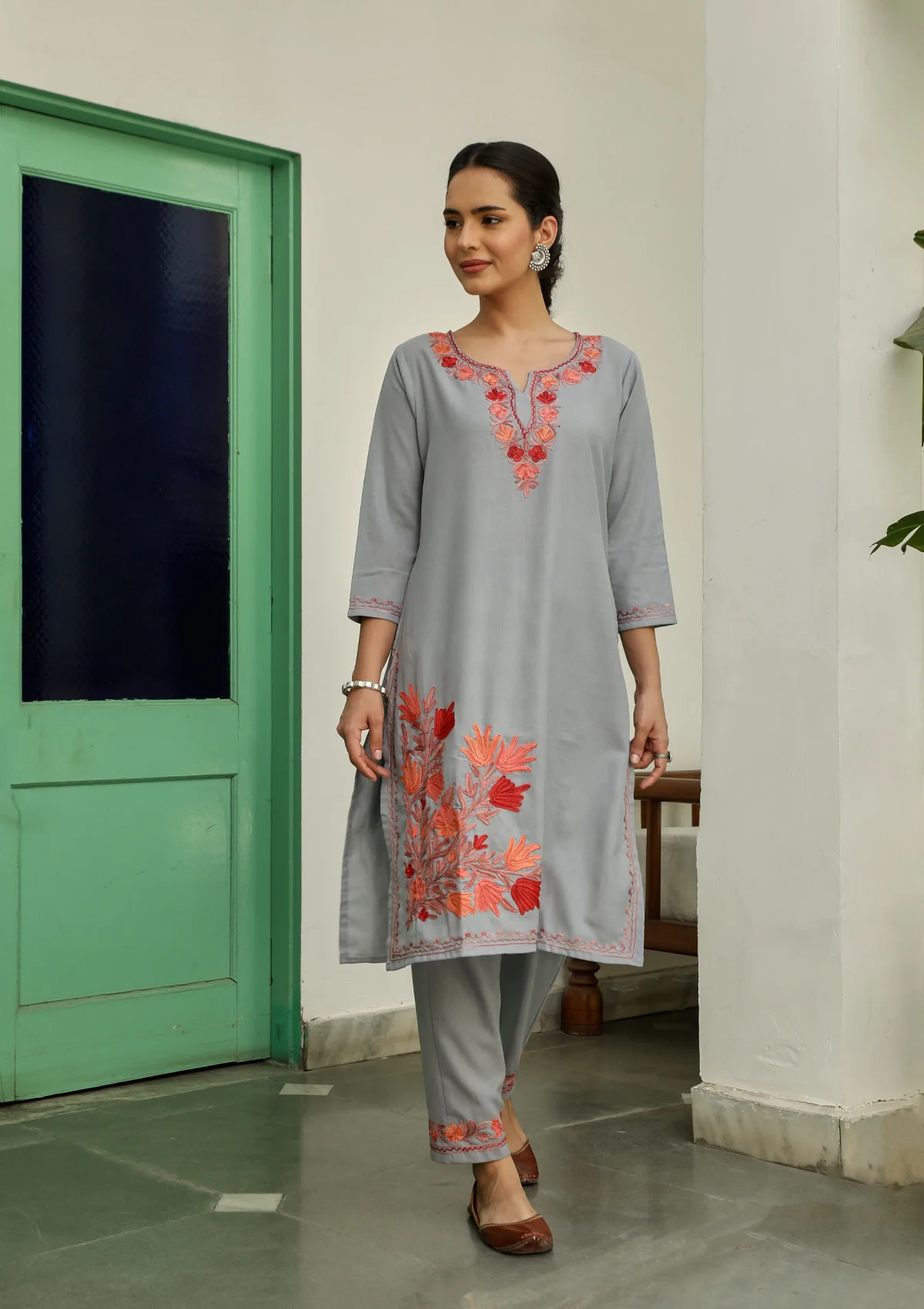 HOC Crafts Aari Embroidered Cotton Solid Women's 2PC Long Kurta Set - Grey - Healthber