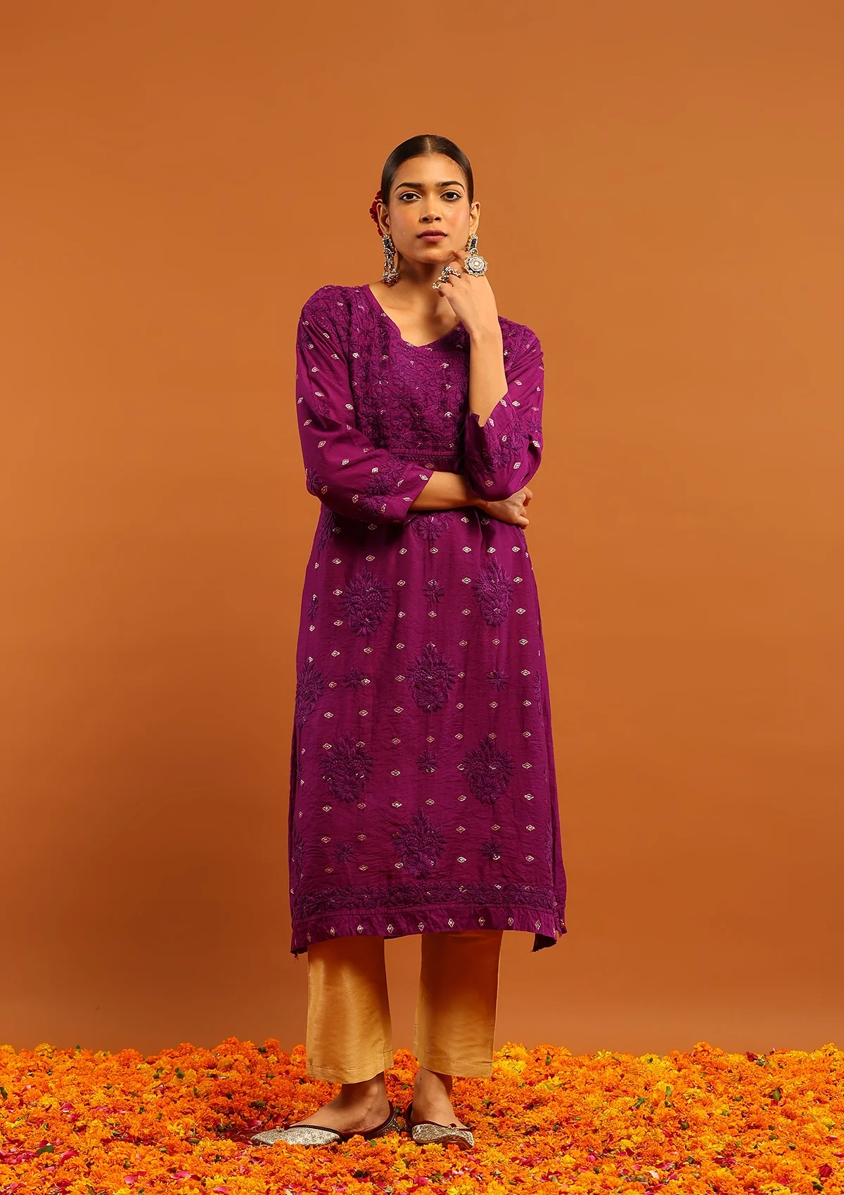 HOC Banarasi Chanderi Chikankari Solid Women's Long Angrakha Kurta -Purple - Healthber