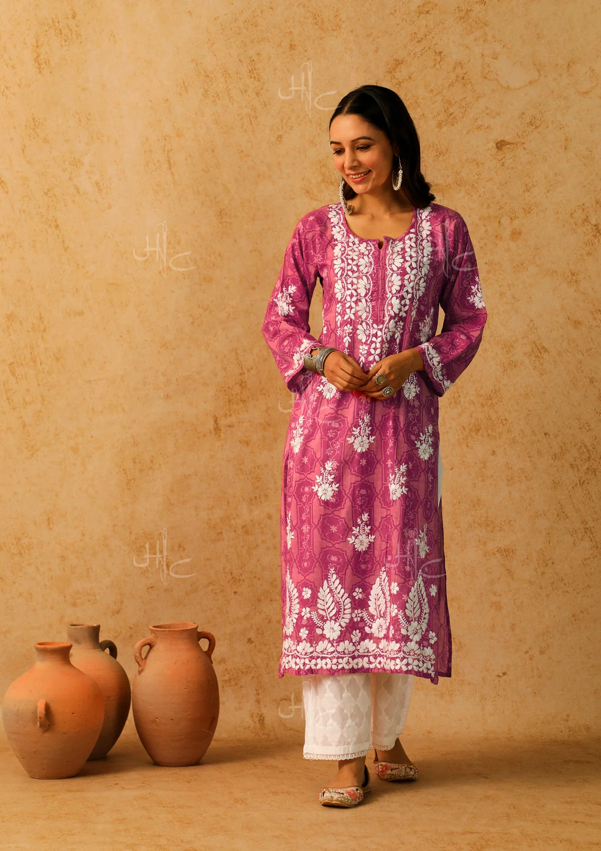 HOC Mulmul Chikankari Printed Women's Long Kurta - Pink - Healthber