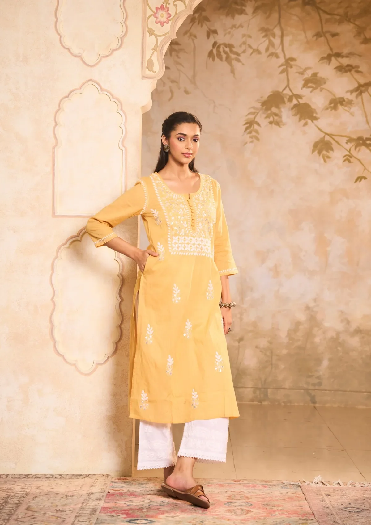 HOC Cotton Chikankari Gota Work Solid Women's Long Kurta -Yellow - Healthber