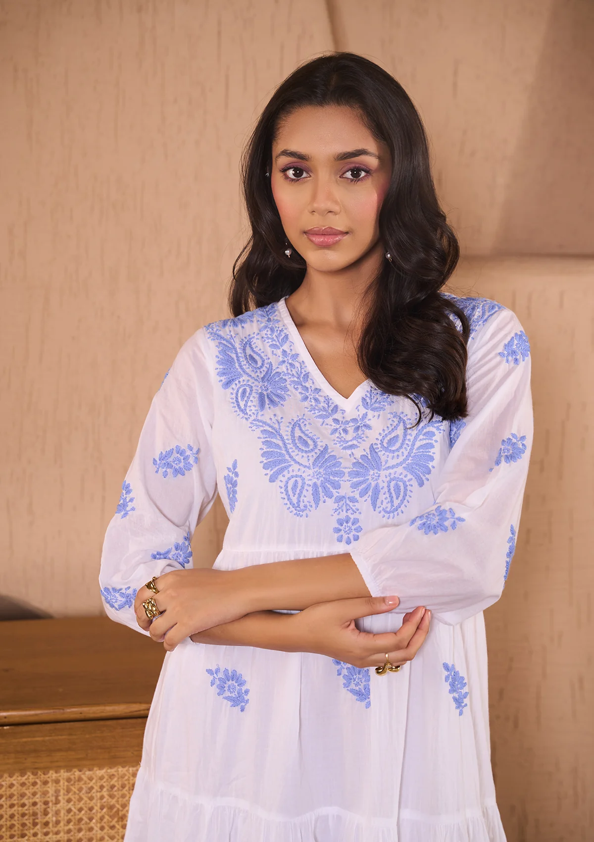 HOC Cotton Chikankari Solid Women's Long Dress-White - Healthber