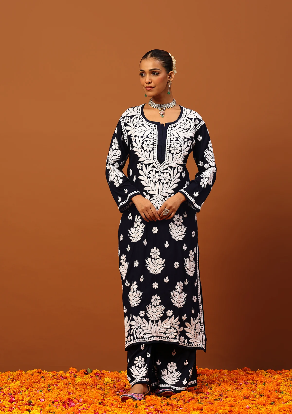 HOC Modal Chikankari Solid Women's 2 PC Long Kurta Set -Navy Blue - Healthber
