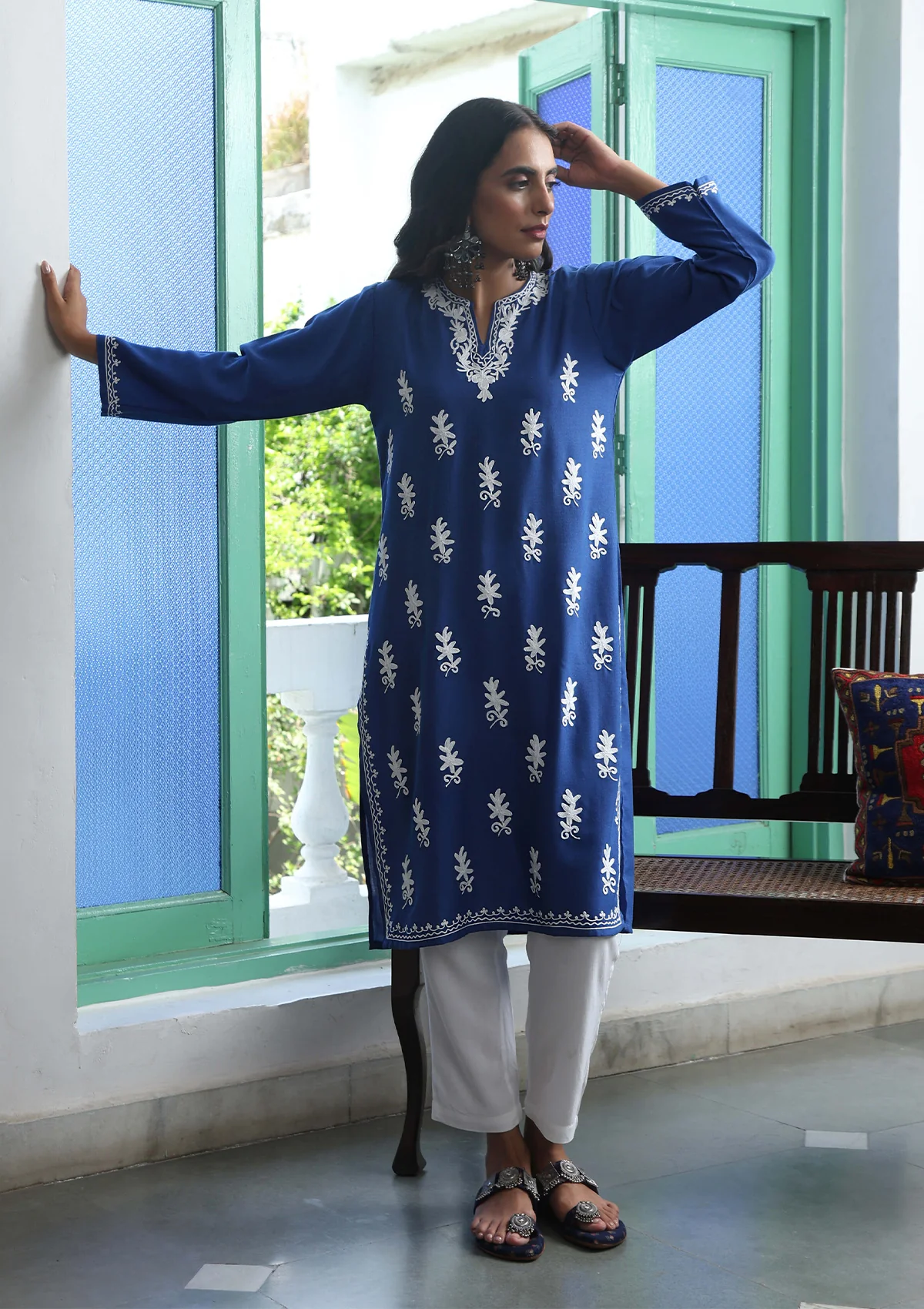 HOC Aari Embroidered Cotton Solid Women's Long Kurta - Blue - Healthber
