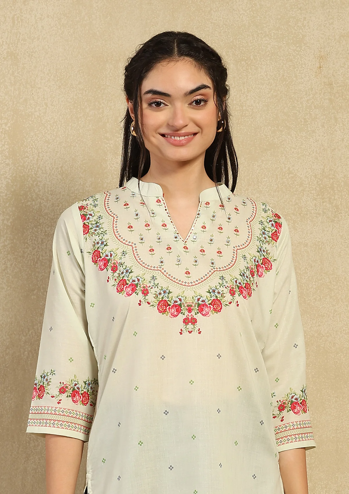 HOC Kantha Hand Embellished Cotton Blend Printed Women's Short Kurta - Pista Green - Healthber