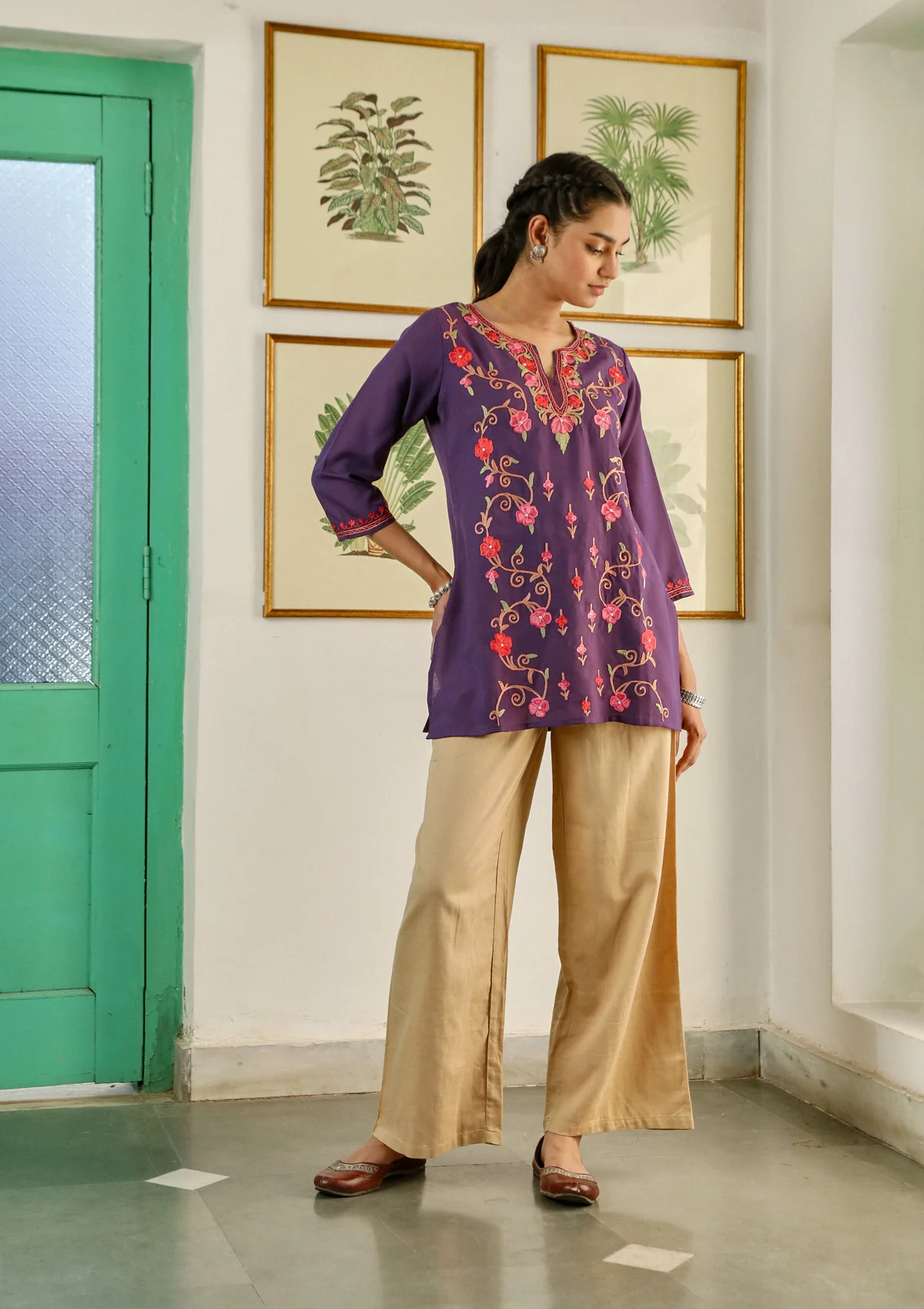 HOC Aari Embroidered Cotton Solid Women's Short Kurta -Purple - Healthber
