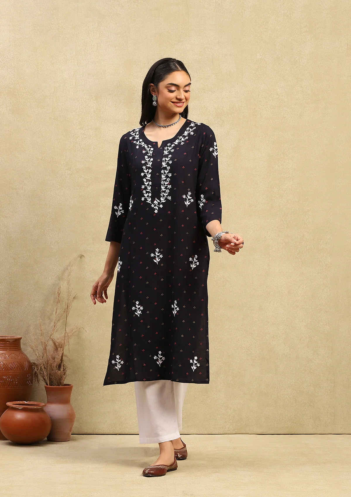 HOC Rayon Chikankari Printed Women's Long Kurta - Navy Blue - Healthber