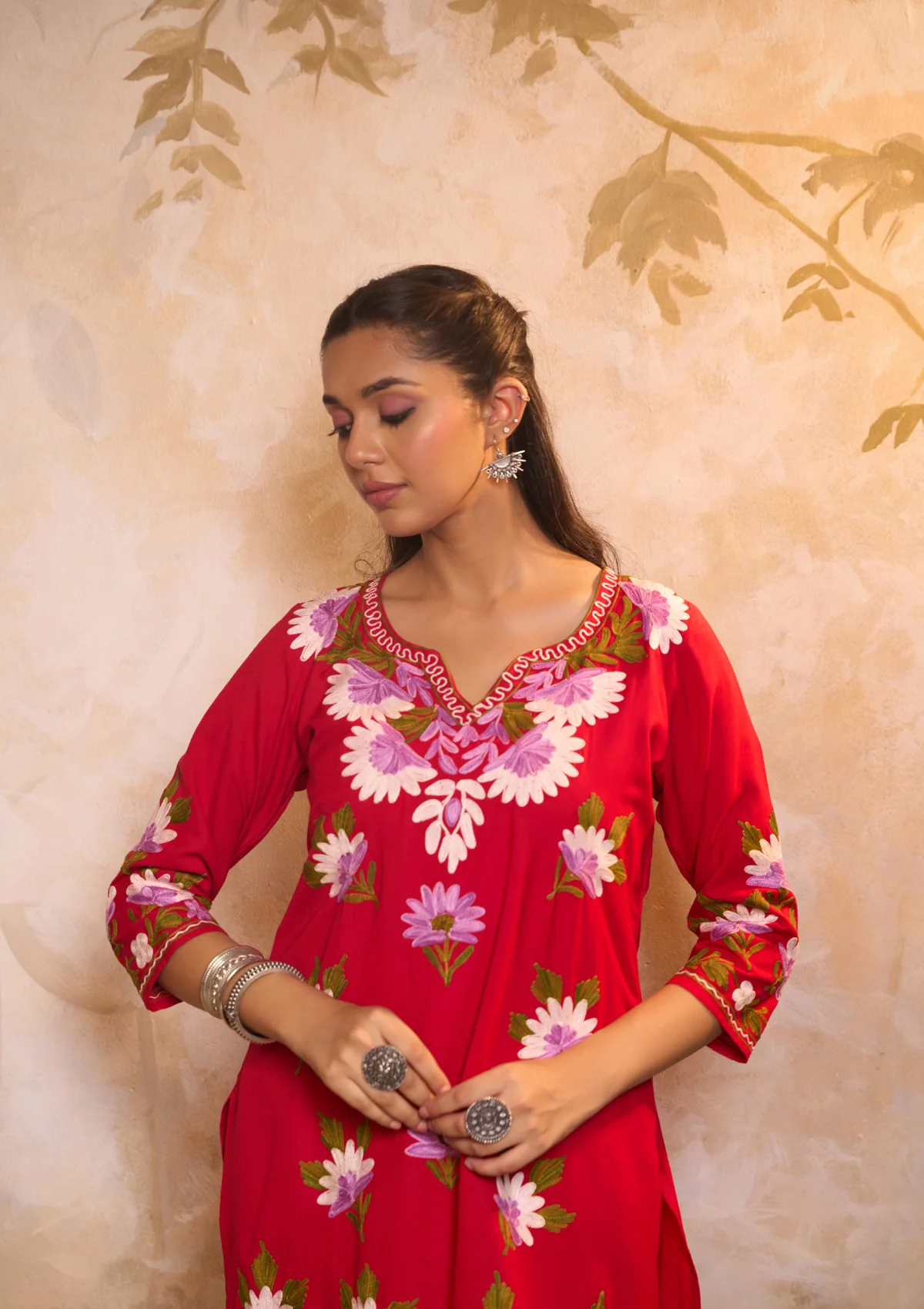 HOC Cotton Embroidered Aari Work Solid Women's 2 PC Co-ords-Set- Red - Healthber