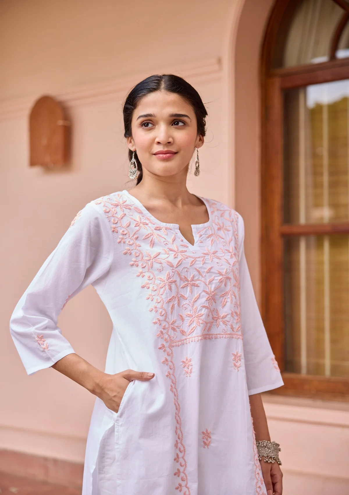 HOC Cotton Chikankari Solid Women's Long Kurta - White - Healthber