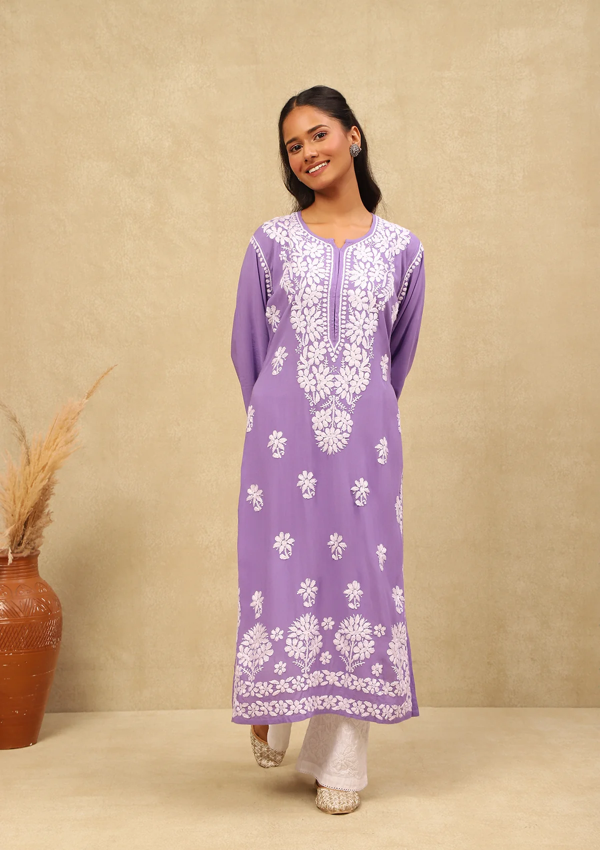 HOC Modal Chikankari Solid Women's Long Kurta -Lavender - Healthber