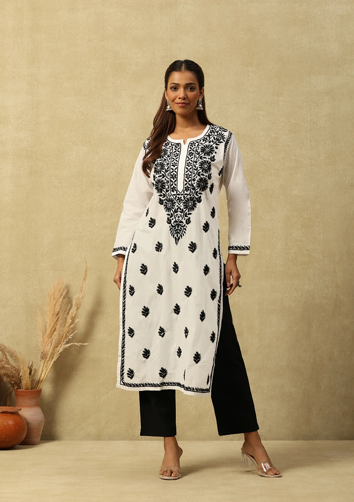 HOC Cotton Chikankari Solid Women's Long Kurta-White - Healthber