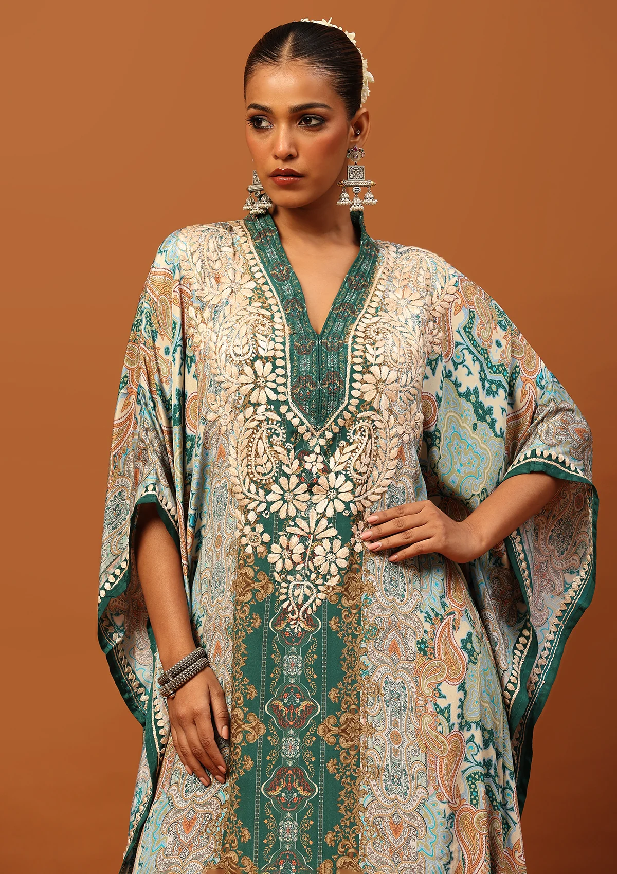 HOC Crepe Chikankari Printed Women's Kaftan -Green - Healthber
