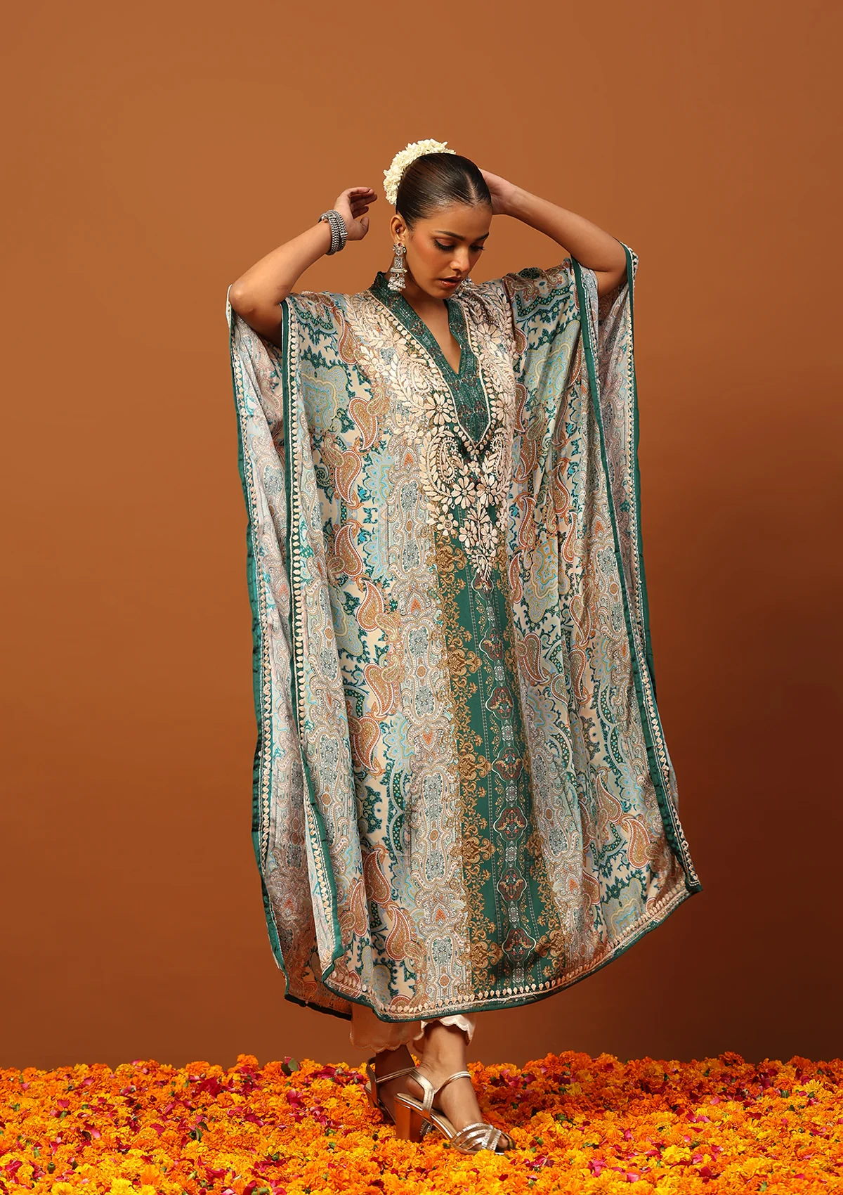 HOC Crepe Chikankari Printed Women's Kaftan -Green - Healthber