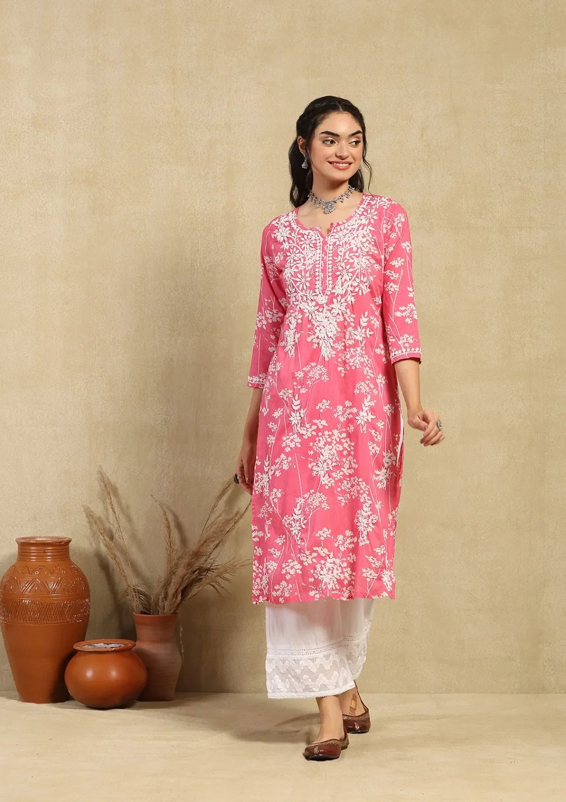 HOC Zainab Chikankari Mulmul Printed Straight Kurta -Pink - Healthber