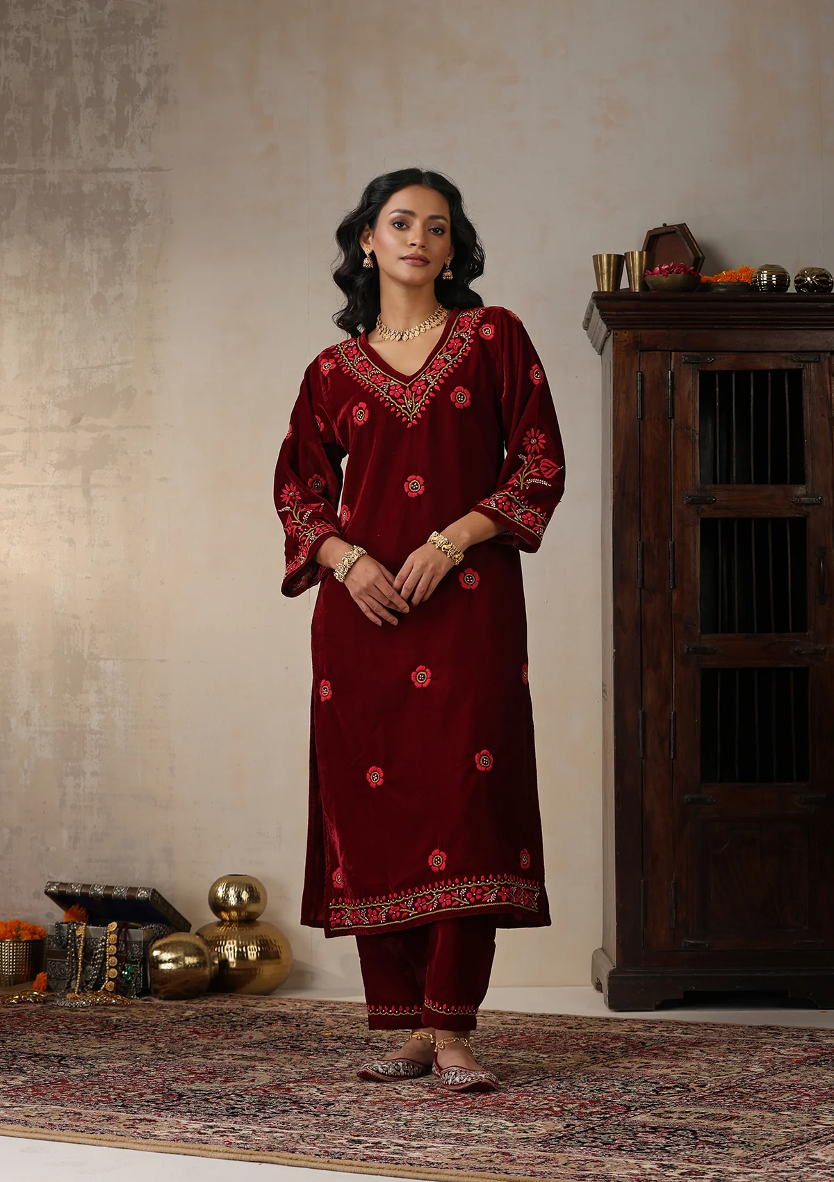 HOC Velvet Chikankari Solid Women's 2 PC Long Kurta Set - Maroon - Healthber