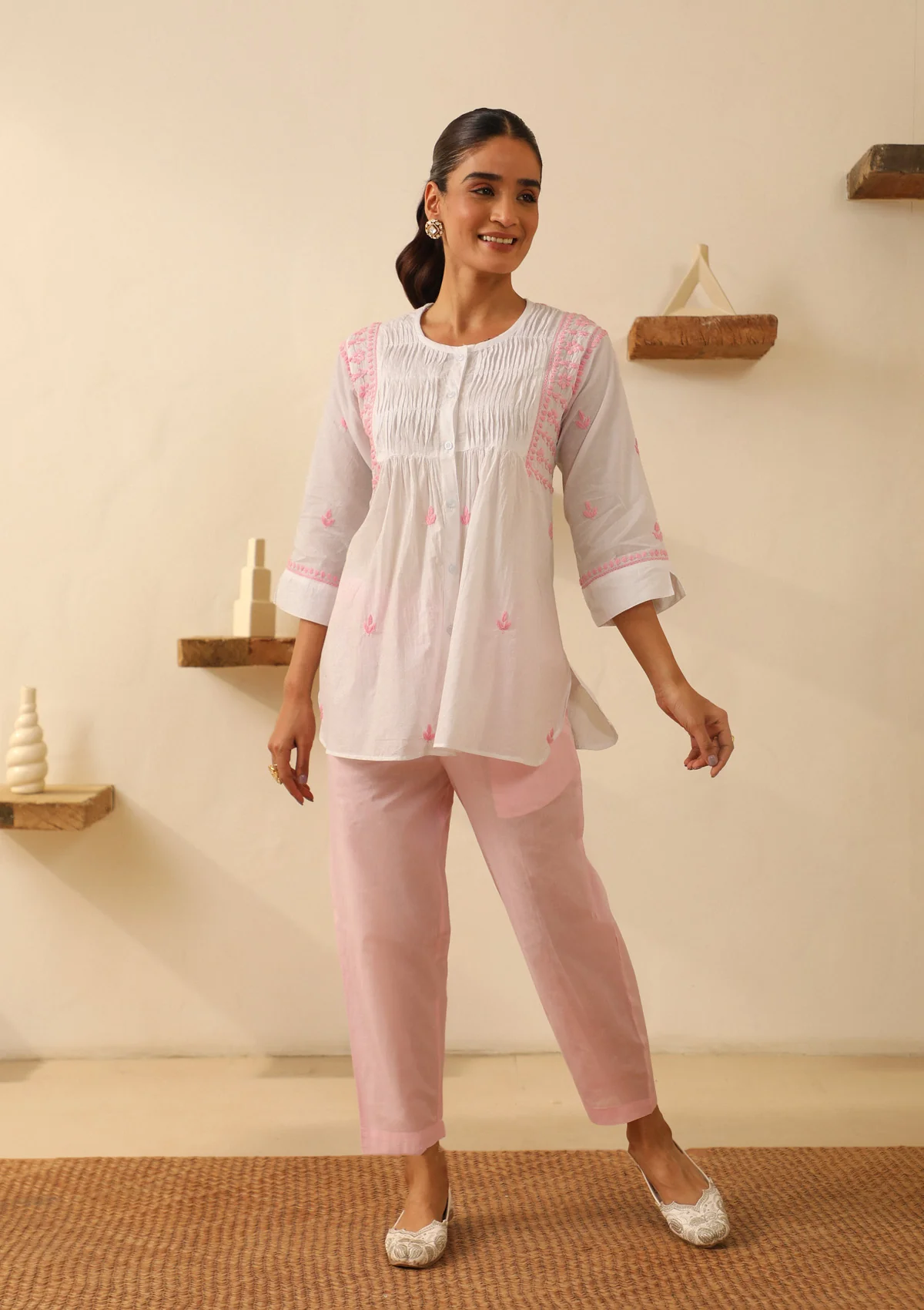 Cotton Chikankari Solid Women's Short Kurta - White - Healthber