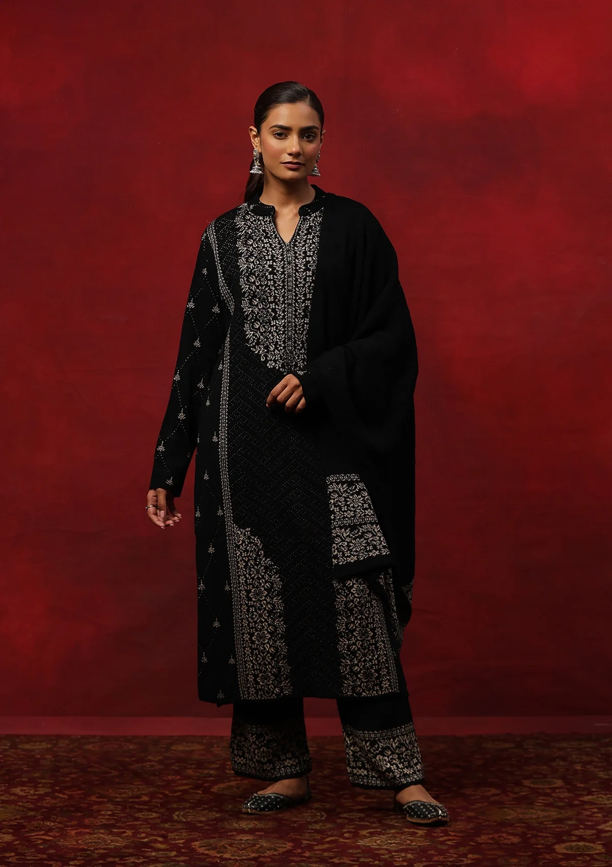 HOC Crafts Woollen Hand Embellished Solid Women's 3 PC Kurta Set - Black - Healthber