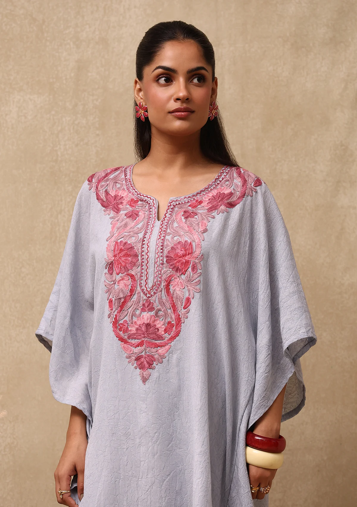 HOC Aari Embroidered Cotton Crush Crepe Solid Women's 2PC Kaftan Set - Grey - Healthber