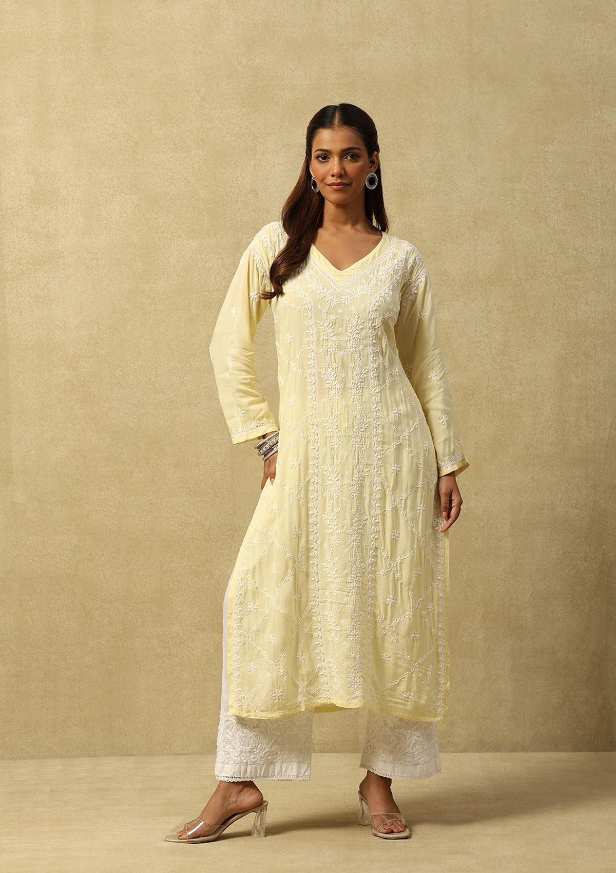 HOC Modal Chikankari Solid Women's Long Kurta -Pastel Yellow - Healthber