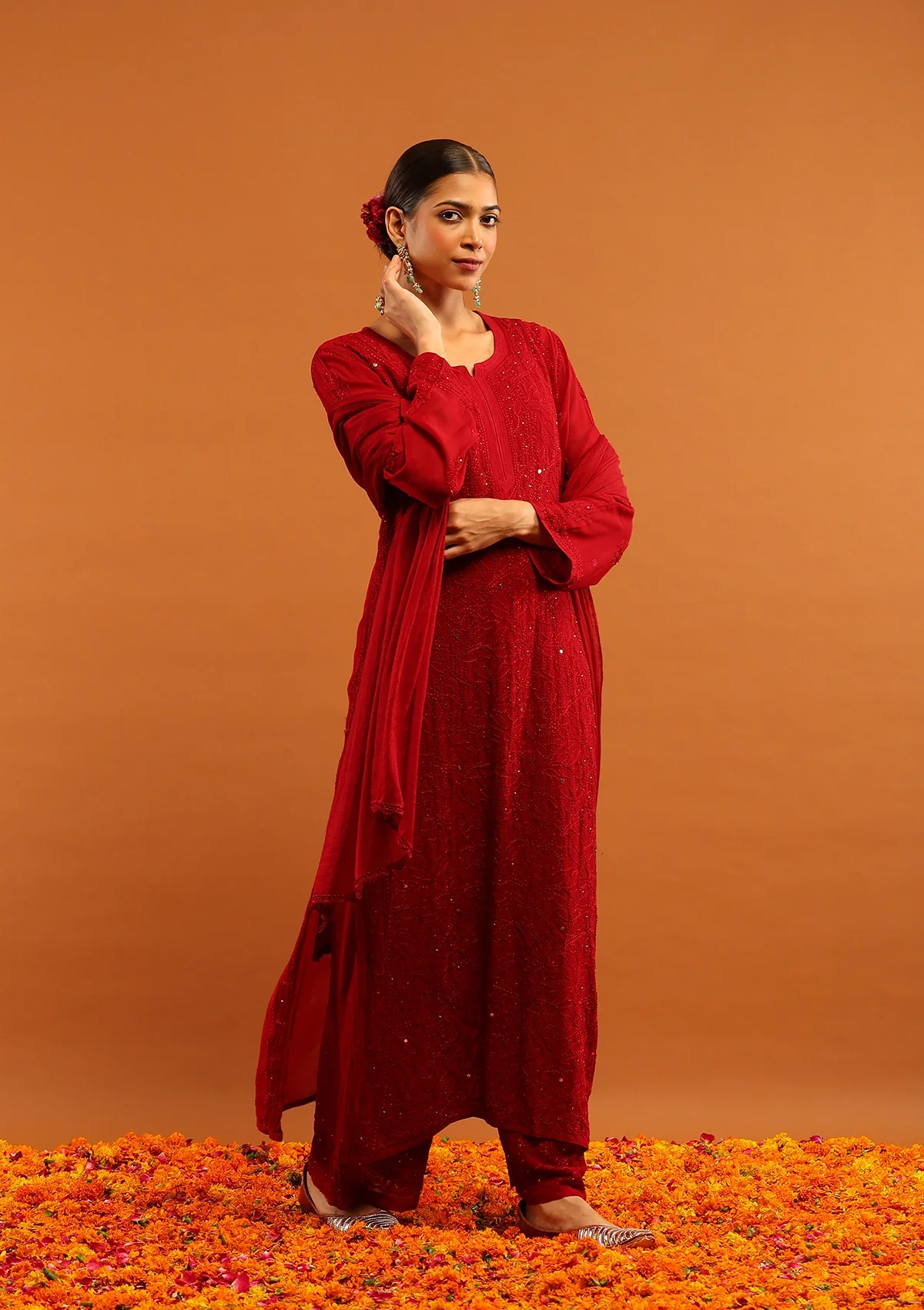 HOC Viscose Georgette Chikankari Mukaish & Kamdani Solid Women's 4 PC Long Kurta Set-Maroon - Healthber