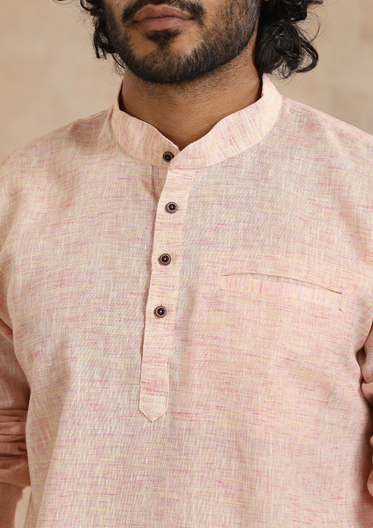HOC Poly Cotton Solid Men's Short Kurta - Pink - Healthber