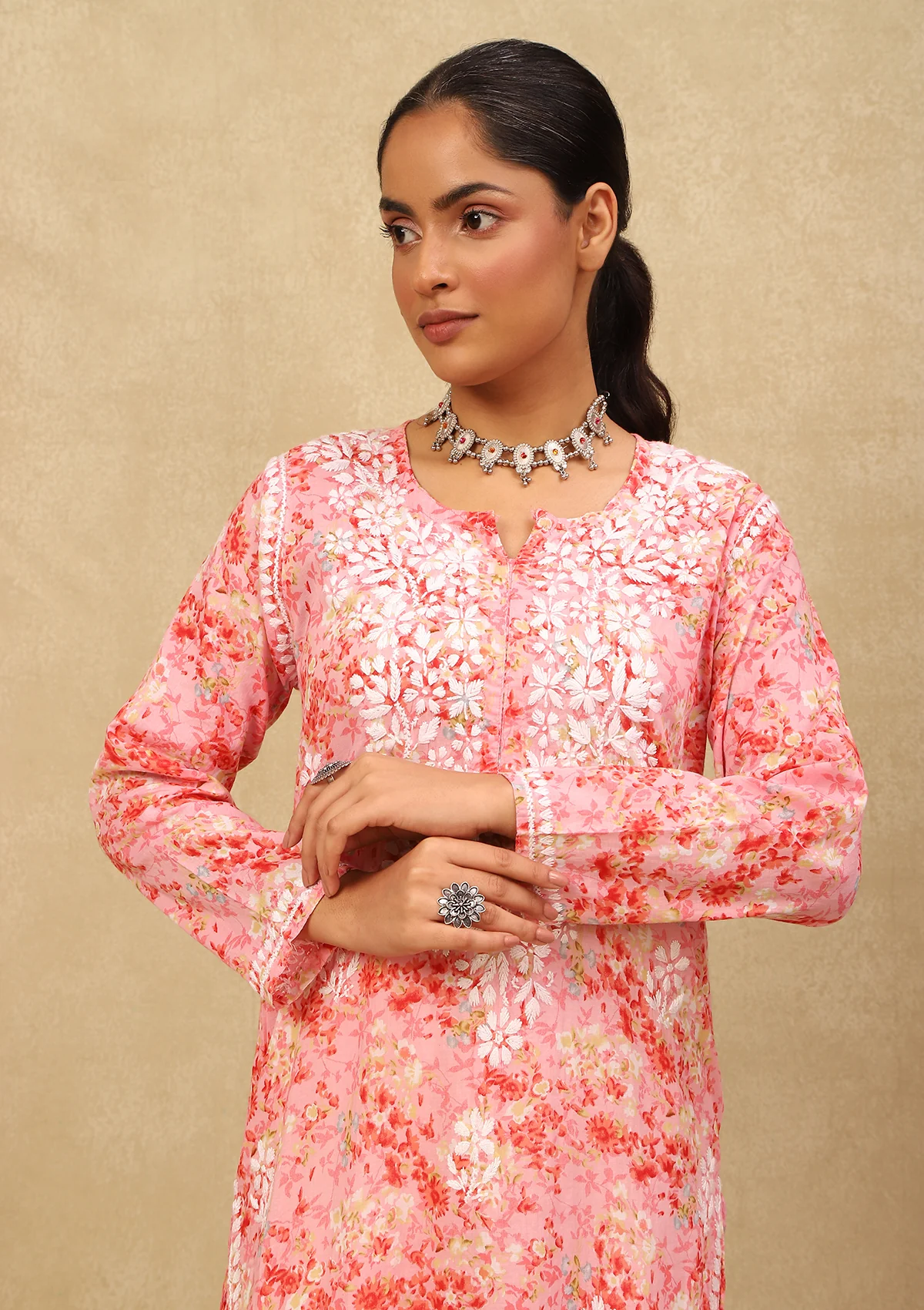 HOC Mulmul Chikankari Printed Women's Long Kurta -Pink - Healthber