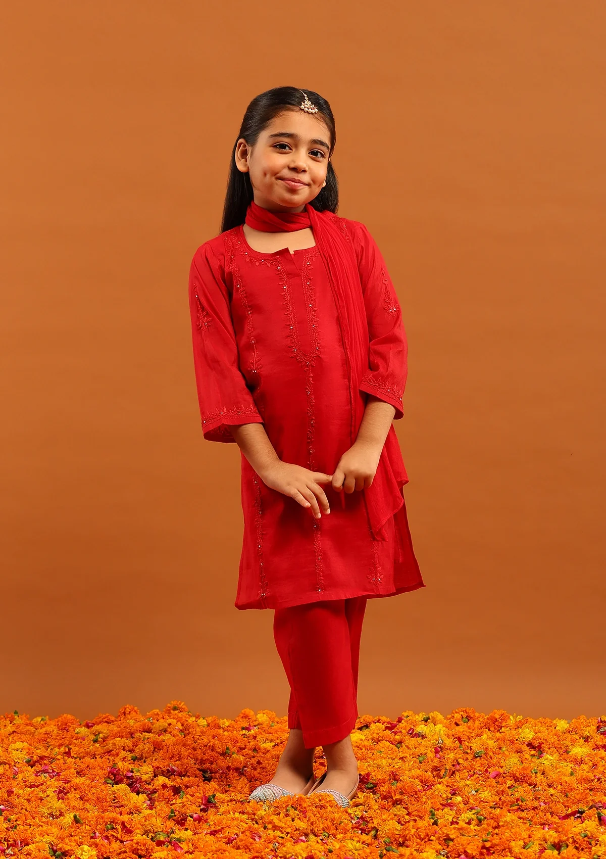 HOC Chanderi Chikankari Solid Girl's 4 PC Straight Kurta Set-Red - Healthber